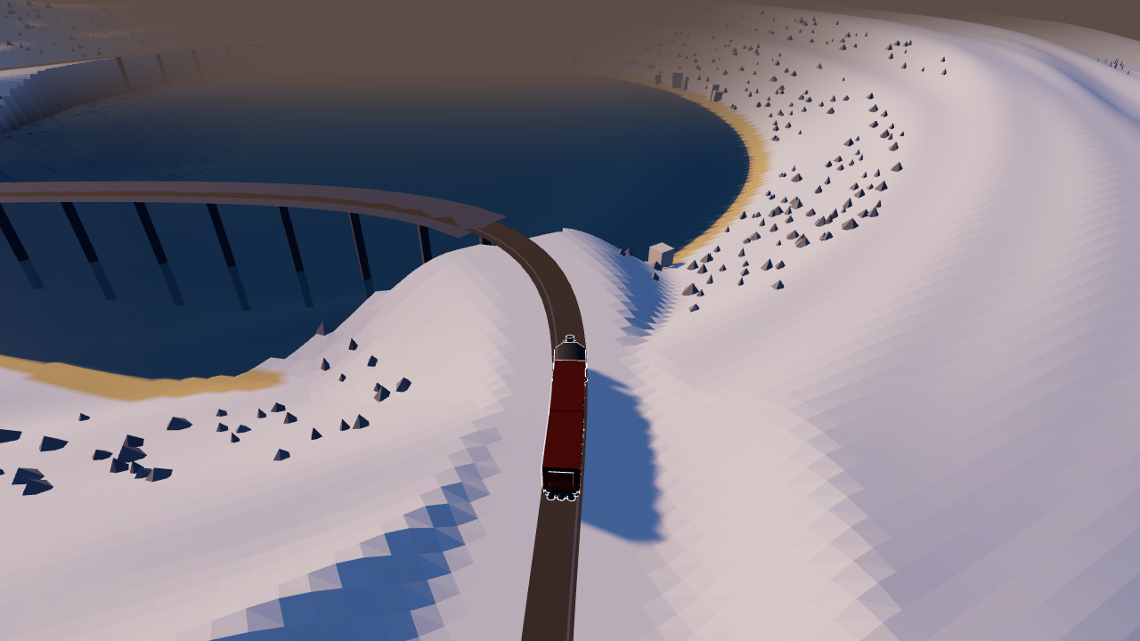 An armoured red train climbing a snow ridge above a blue tarn, a trestle bridge behind it