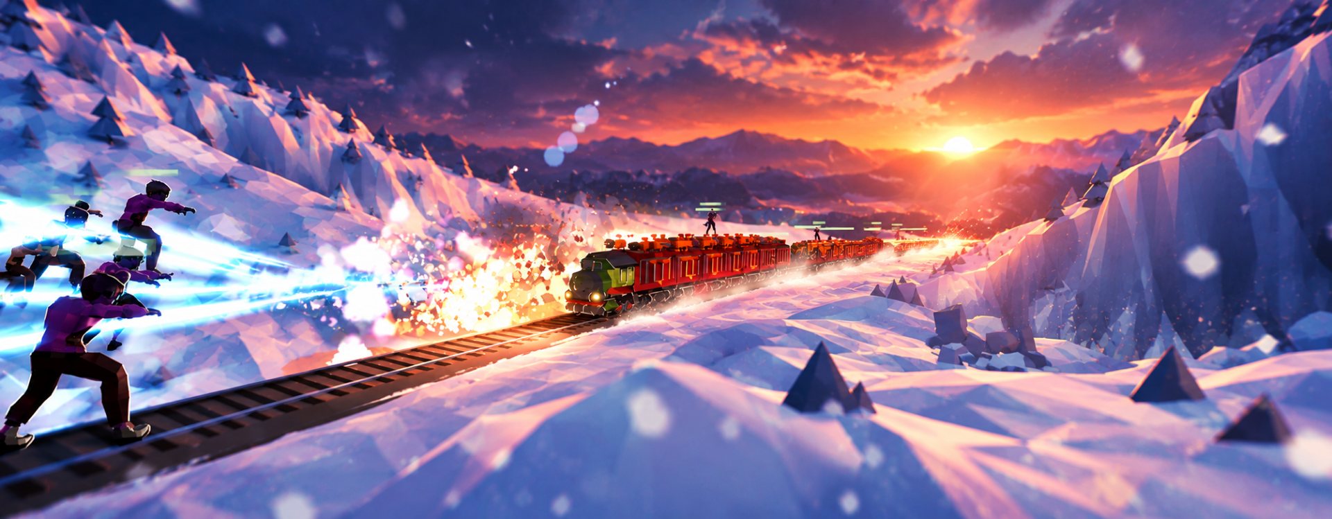 The armoured train running a snowbound mountain line at sunset, guns firing into a pack of raiders charging the rails from the left, their energy beams streaking across the snow